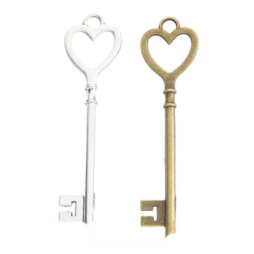 Long Heart Bow Key Metal Charm for Jewelry Making in Antique Bronze and Antique Silver