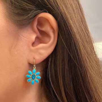 Blue Floral Enamel Drop Earrings in Two Metal Tones