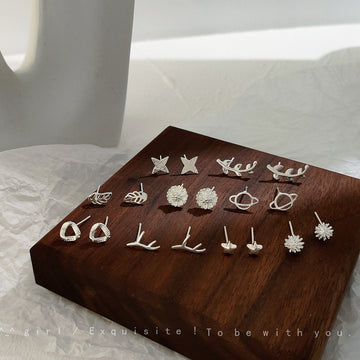 Silver Mini Daisy Leaf Star Antler Planet Stud Earrings
