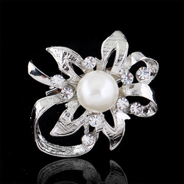 Black Silver Tone Flower Pearl Look Nine Designs Metal Brooch Pin