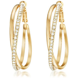 Crystal Double Loop Statement Hoop Earrings With Clear Stone Accents