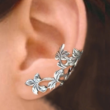 Silver Tone Hollow Leaf Vine Clip On Ear Cuff No Piercing