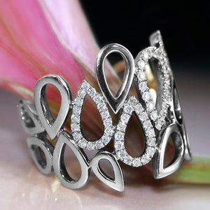 Silver Tone Openwork Teardrop Ring With Clear Stone Accents