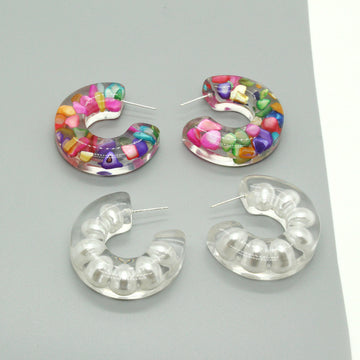 Chunky Clear Acrylic C Hoop Stud Earrings in Two Embedded Designs
