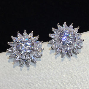 Sunburst Floral Pavé Stone Stud Earrings in Silver Tone