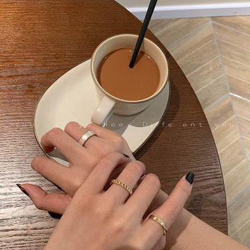 Gold-Tone Open Wave White Enamel And Chain Band Rings