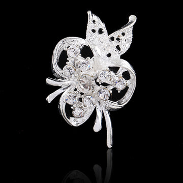 Black Silver Tone Butterfly Openwork Crystal Metal Brooch Pin
