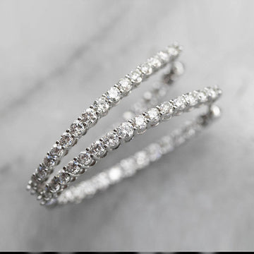 Silver Clear Single Row Crystal Pave Hoop Earrings