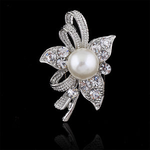 Silver-Tone Bow Brooch with Pearl Center and Clear Stones, Alloy