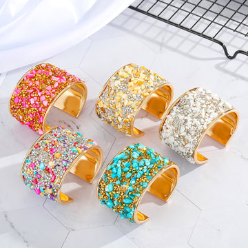Wide Gold Tone Stone Chip Open Cuff Bracelets in Seven Colors