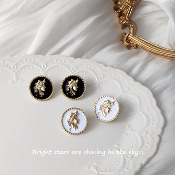 Gold Bezel White Enamel Lady Profile Cameo Stud Earrings