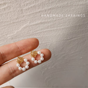 Gold Tone Rose Top White Pearl Wreath Stud Earrings For Women