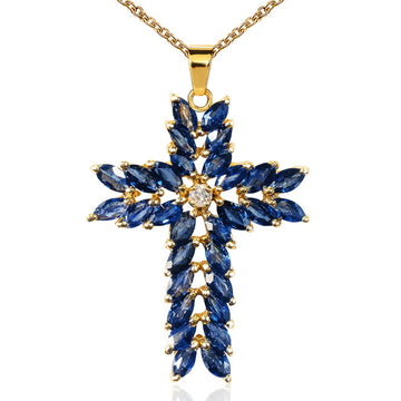 Blue Marquise Crystal Cross Pendant Charm in Gold Tone