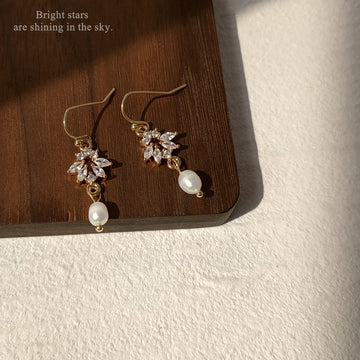 Gold Tone Clear Stone Branch And Pearl Drop Hook Earrings