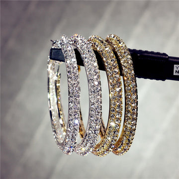 Silver Gold Triple Row Pave Crystal Large Hoop Earrings