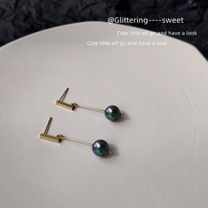 Gold Bar Stud Earrings Black Iridescent Pearl Long Drops