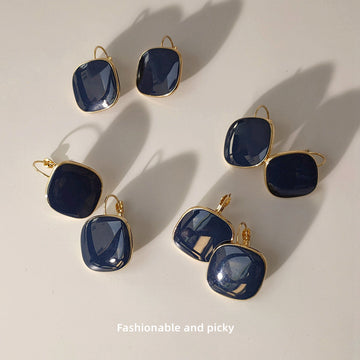 Navy Blue Cushion Square Gold Rim Drop Hook Earrings