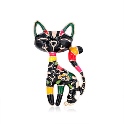 Front product view of the cat brooch pin in silver and black