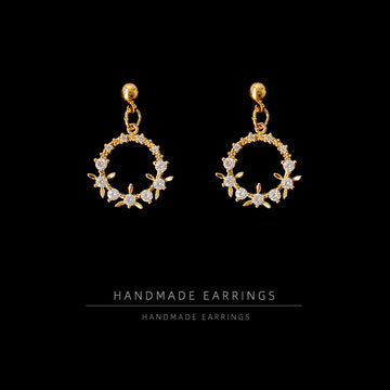 Gold Floral Wreath Circle Drop Earrings Clear Stone Accents