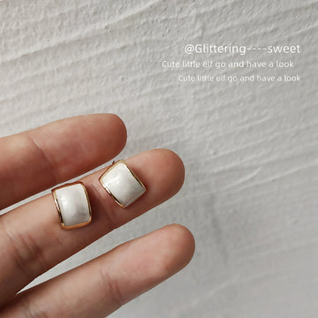 White Enamel Semi-Circle Gold Rim Stud Earrings Pair