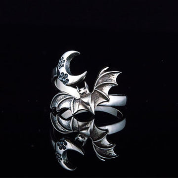 Silver Open Adjustable Bat Crescent Moon Band Ring