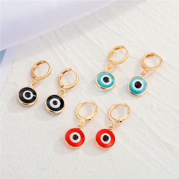 Gold Tone Round Enamel Evil Eye Huggie Drop Earrings in Three Colors