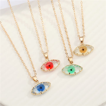 Gold Tone Rough Edge Eye-Shaped Glass Pendant Necklaces in Four Colors
