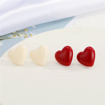 Glossy Resin Heart Stud Earrings Cream White and Red