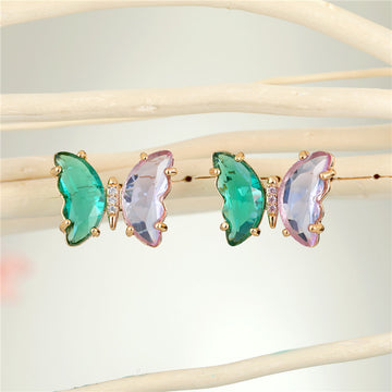 Gold Tone Two Color Faceted Butterfly Crystal Stud Earrings