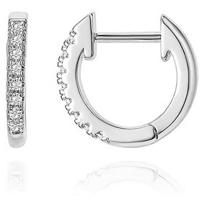 White gold clear CZ pave huggie hoop earrings front and side view