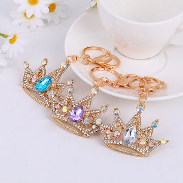 Rhinestone Crown Metal Keychain Gold Tone 4 Gem Colors