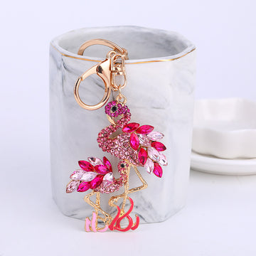 Rhinestone Double Flamingo Love Script Metal Keychain