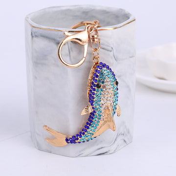 Blue Rhinestone Shark Fish Keychain Gold Clasp Metal Charm