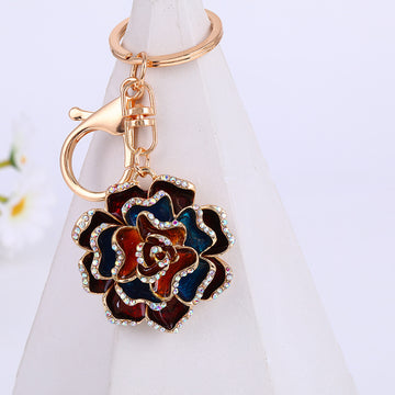 Rose Enamel Rhinestone Keychain Gold Tone Ring Clasp 4 Colors