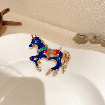 Blue Enamel Horse Brooch With Multicolor Saddle Details