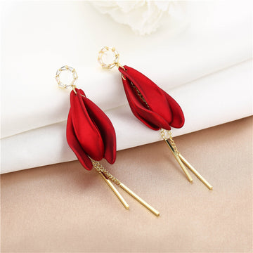 Deep Red Layered Flower Bud and Gold Bar Drop Earrings