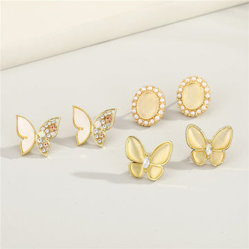 Gold Tone Pearl Oval and Butterfly Stud Earrings in Three Designs