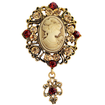 Gold Tone Woman Portrait Crystal Two Designs Metal Brooch Pin