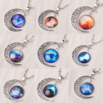 Crescent Moon Galaxy Picture Pendant Necklaces in Ten Styles