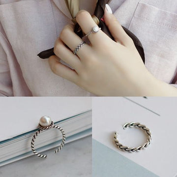 Silver Braided Pearl Look Adjustable Open Ring Two Piece Set