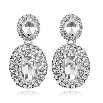Silver Tone Oval Crystal Halo Crystal Two Designs Metal Dangle Earrings