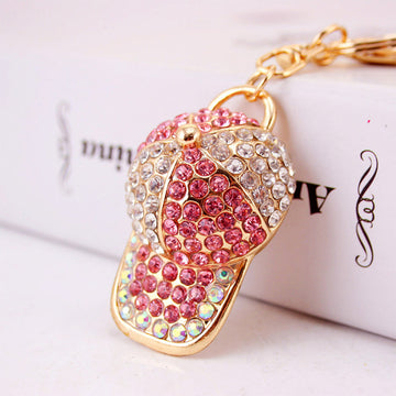 Rhinestone Baseball Cap Keychain With Gold Tone Key Ring And Clip