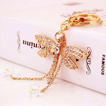 Clear Stone Dragonfly Keychain With Split Ring And Bead Dangles