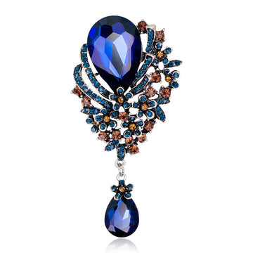 Crystal Flower Brooch Pin with Teardrop Accent in Three Colors