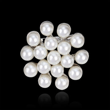 Black Silver Tone Flower Crystal Pearl Look Metal Brooch Pin