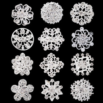 Black Silver Tone Flower Crystal Three Designs Metal Brooch Pin