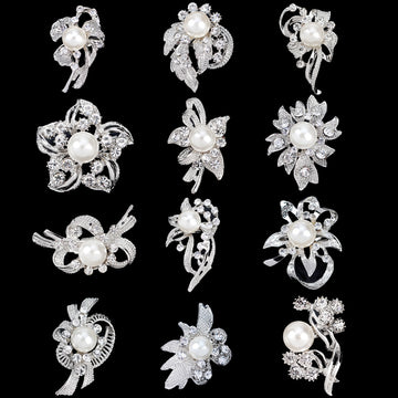 Black Silver Tone Pearl Floral Assortment Crystal Pearl Look Metal Brooch Pin