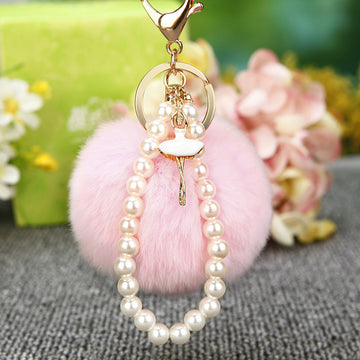 Ballerina Pearl Loop Plush Pom Pom Keychain in Pale Pink