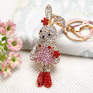Jeweled Rabbit Girl Keychain With Floral Dress and Bow Shoes