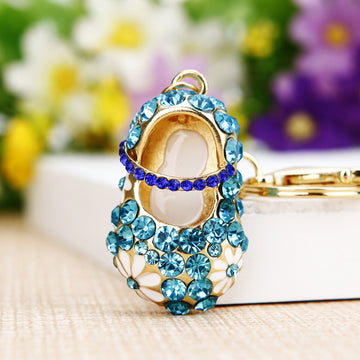Jeweled Flat Shoe Keychain with Blue Crystals and White Enamel